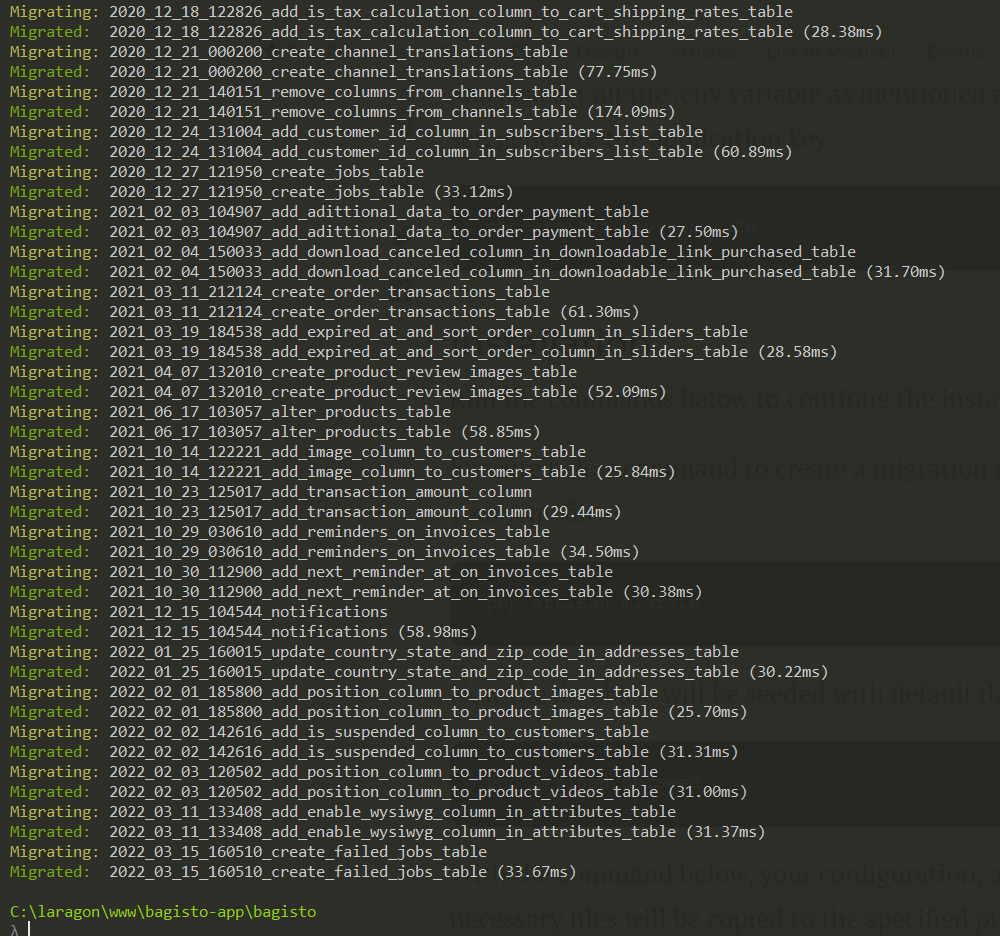 bagisto installation database migrate