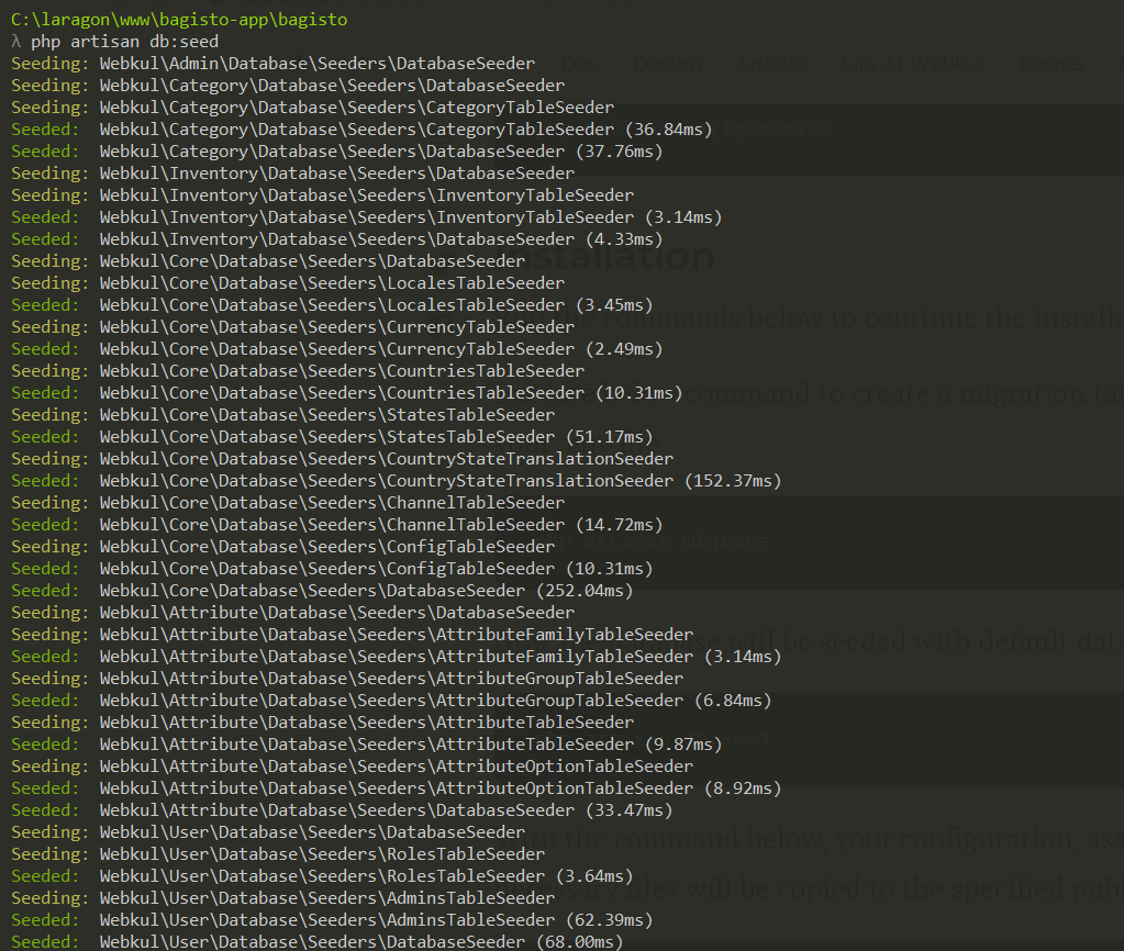 bagisto installation database seed
