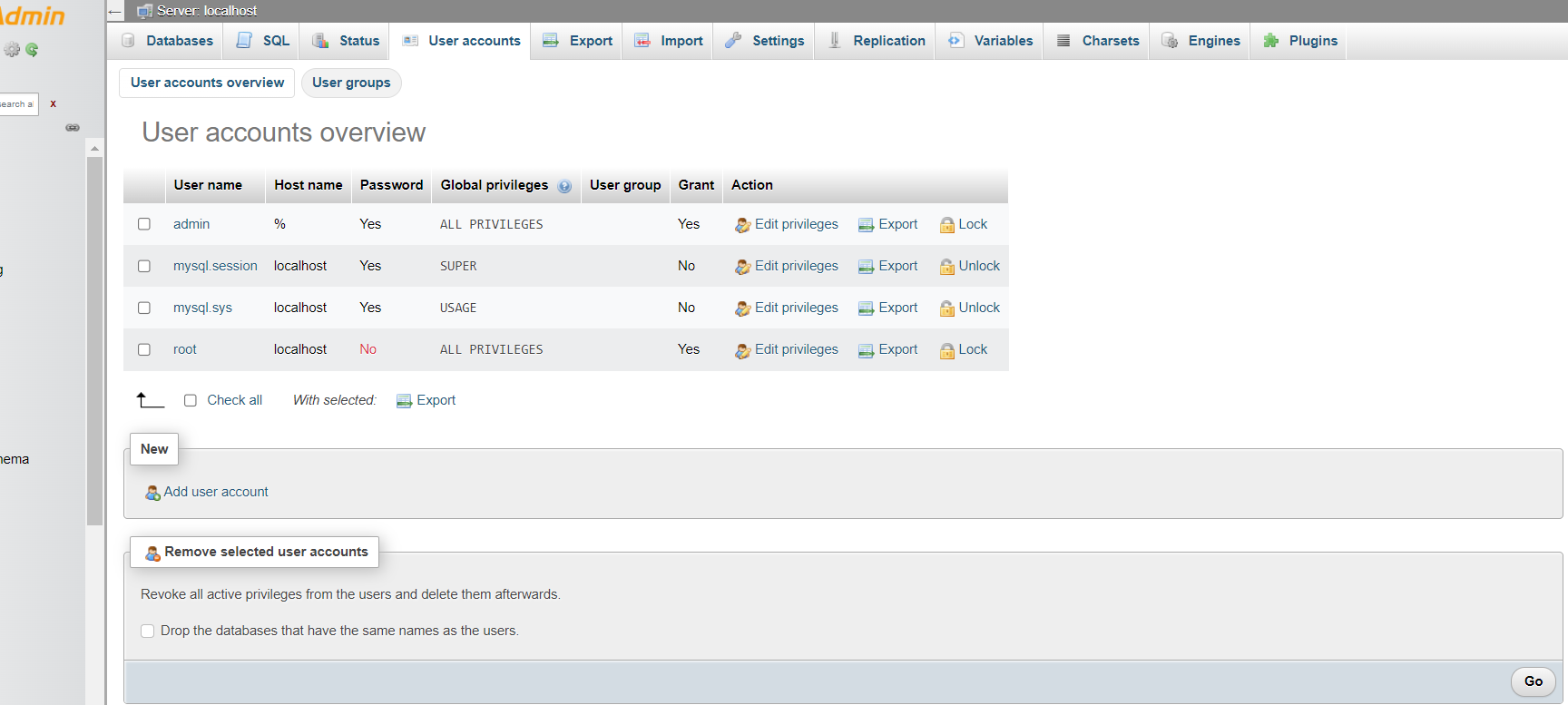 mysql user management using phpmyadmin